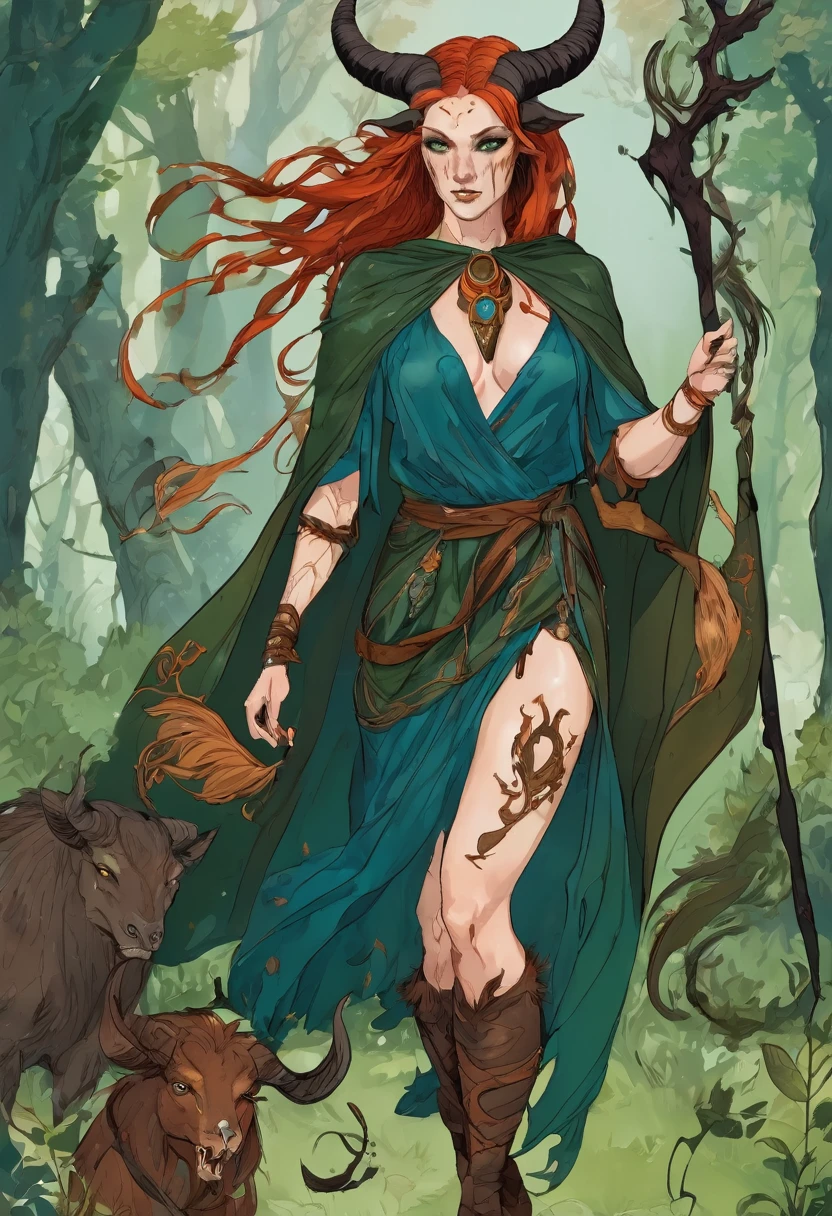Satyr woman with horns, sorceress, an amazon, red unkempt shoulder length hair, in the clothes of a traveler, Blue eyes, slim, legs with hooves similar to the legs of a demon and with hair, There are birthmarks on the shoulders of a dark green cape, decorations made of bones on the neck and ears