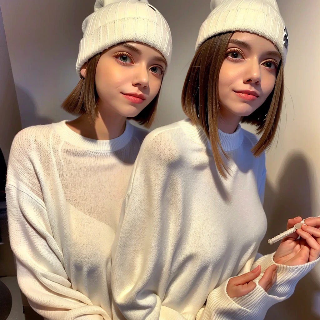 straight hair, white skin, white sweater, white beanie,