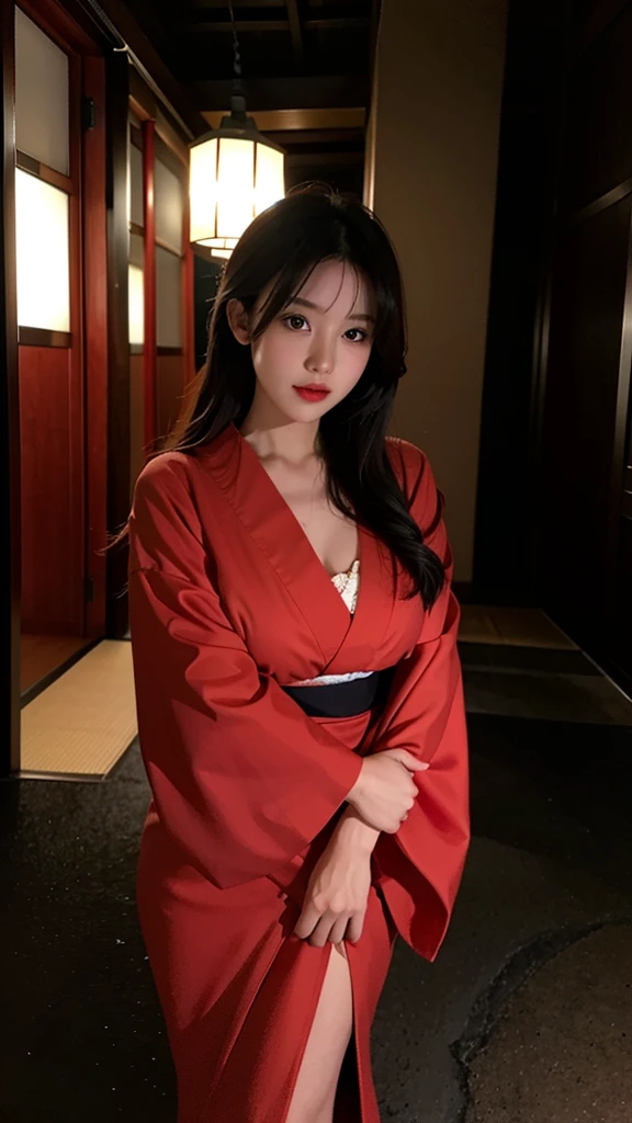 one girl,Beutiful women, In a corner of Kyoto,At night,Wear a red kimono,Large Breasts