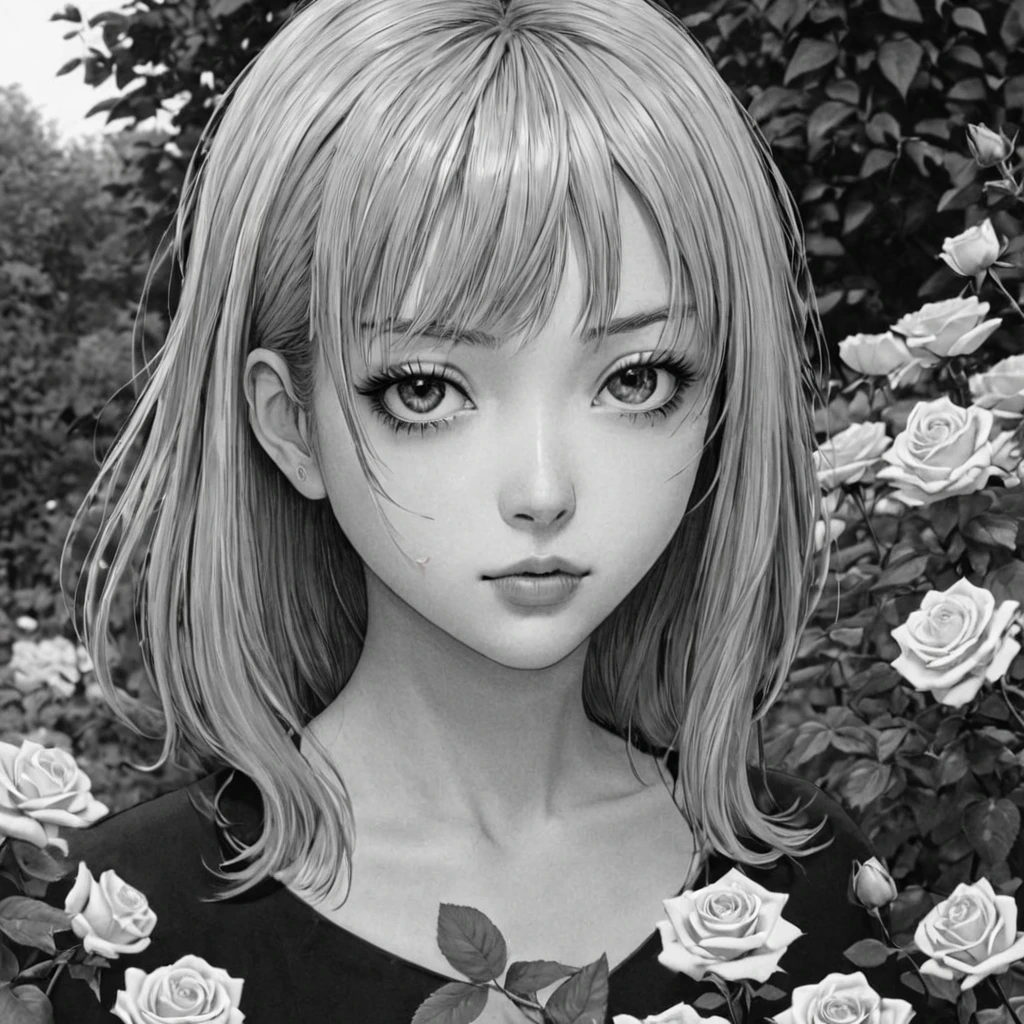 1girl, roses flowers garden, (anime), bizarre scenario, This is Junji, Yusuke Murata, black and white, 8K, anime, horror