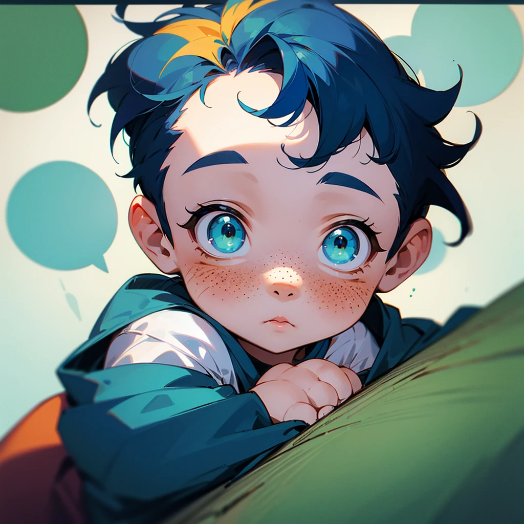 1 2 month old male baby, dark blue hair, green eyes, freckles on the cheeks 