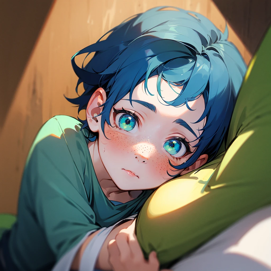 1 2 month old male baby, dark blue hair, green eyes, freckles on the cheeks 