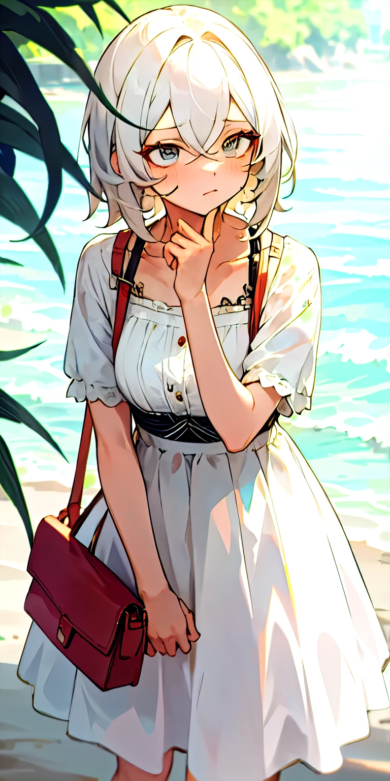 trans woman, summer dress, tired, bags under eyes, masterpiece (best quality)