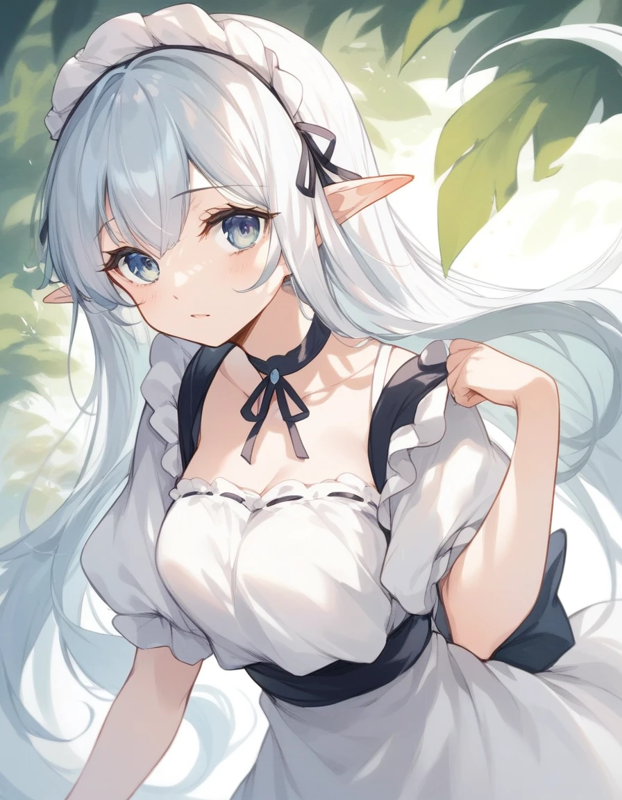 BREAK Perfect Anatomy、(High resolution:1.2)、Incredible illustrations、(Cute illustrations:1.2)、(Beautiful background)(NSFW) elf maid ((oversized clothes))