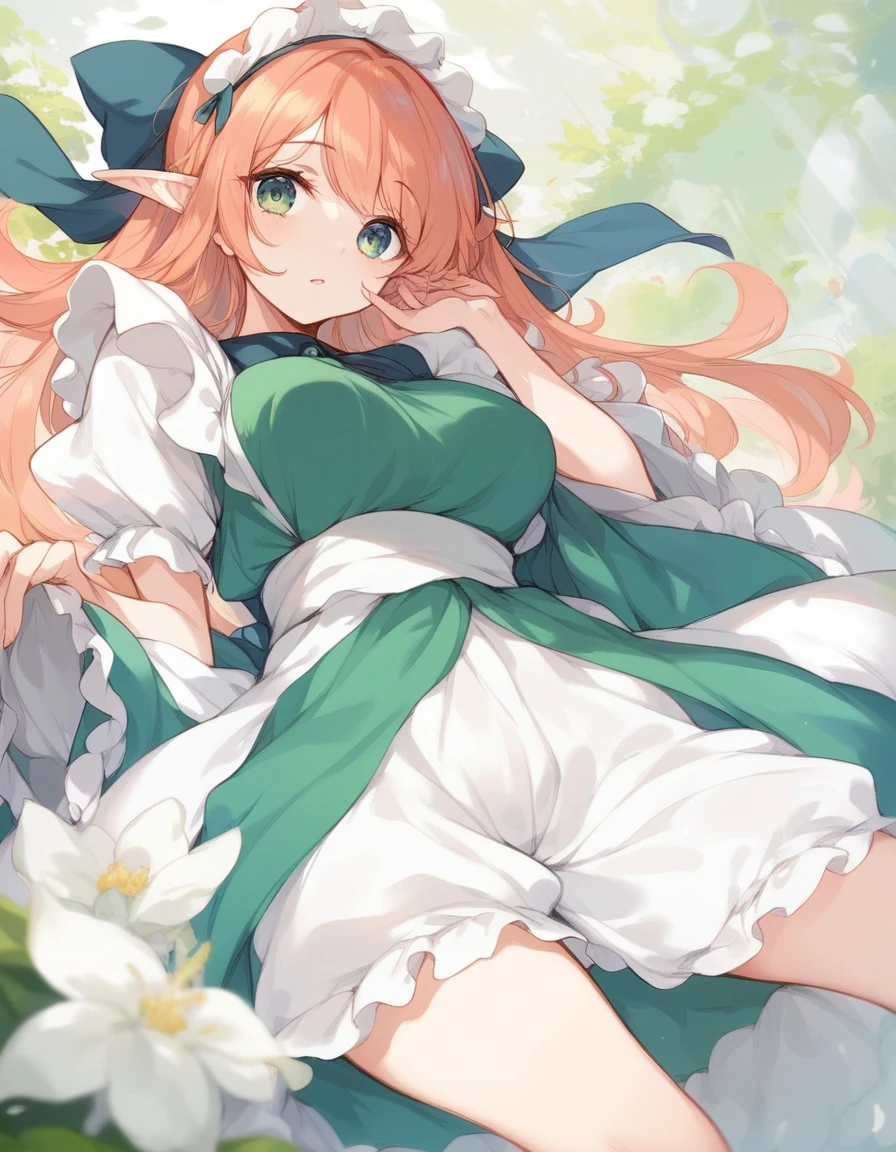 BREAK Perfect Anatomy、(High resolution:1.2)、Incredible illustrations、(Cute illustrations:1.2)、（Beautiful background）（NSFW） elf maid　((oversized clothes))