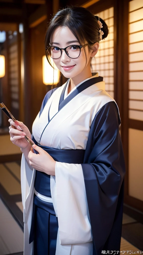 (Super beautiful woman in kimono)、((highest quality、8K masterpiece:1.3))、sharp focus:1.2、(super beautiful face:1.0)、(shiny skin:1.0)、realistic pictures、black hair、video lighting、High resolution eyes and face、video lighting、japanese actress、from the front、big breasts、with a happy smile、Slender abs beauty、whole body、wearing a kimono、in Kyoto、(((luxury obi)))、In Kyoto at night、wearing glasses with no edge、with a fan