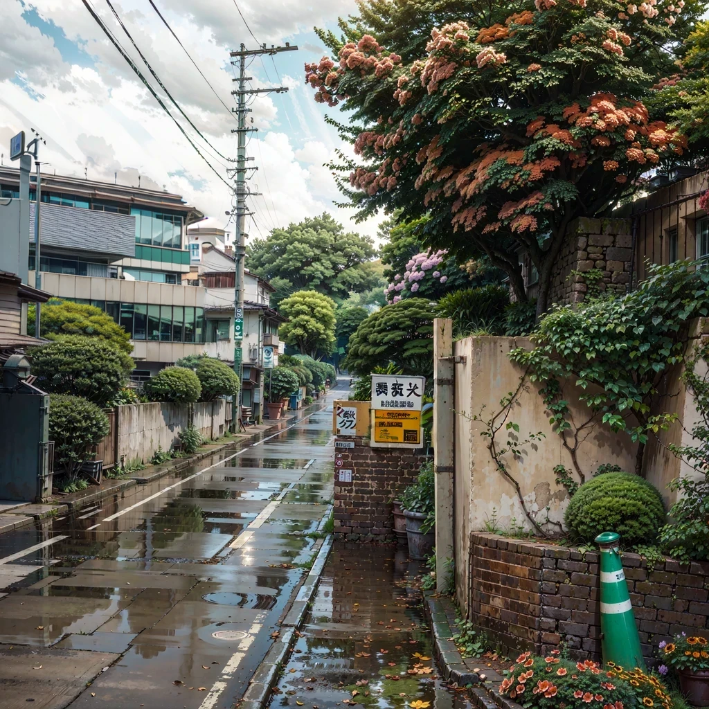 (modern) japanese building, big japanese ((sign on the wall)), japanese writing, anime character, advertisement for a movie