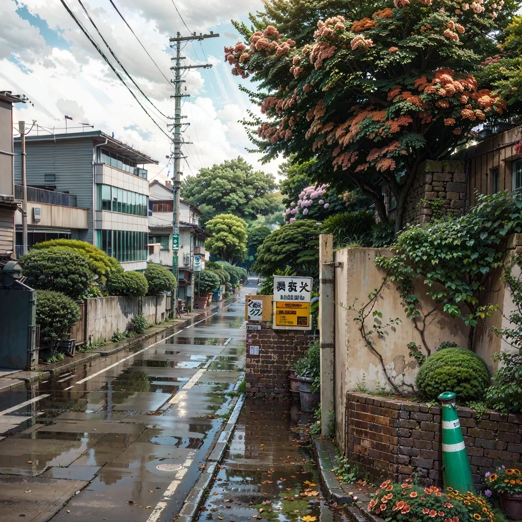 (modern) japanese building, big japanese ((sign on the wall)), japanese writing, anime character, advertisement for a movie