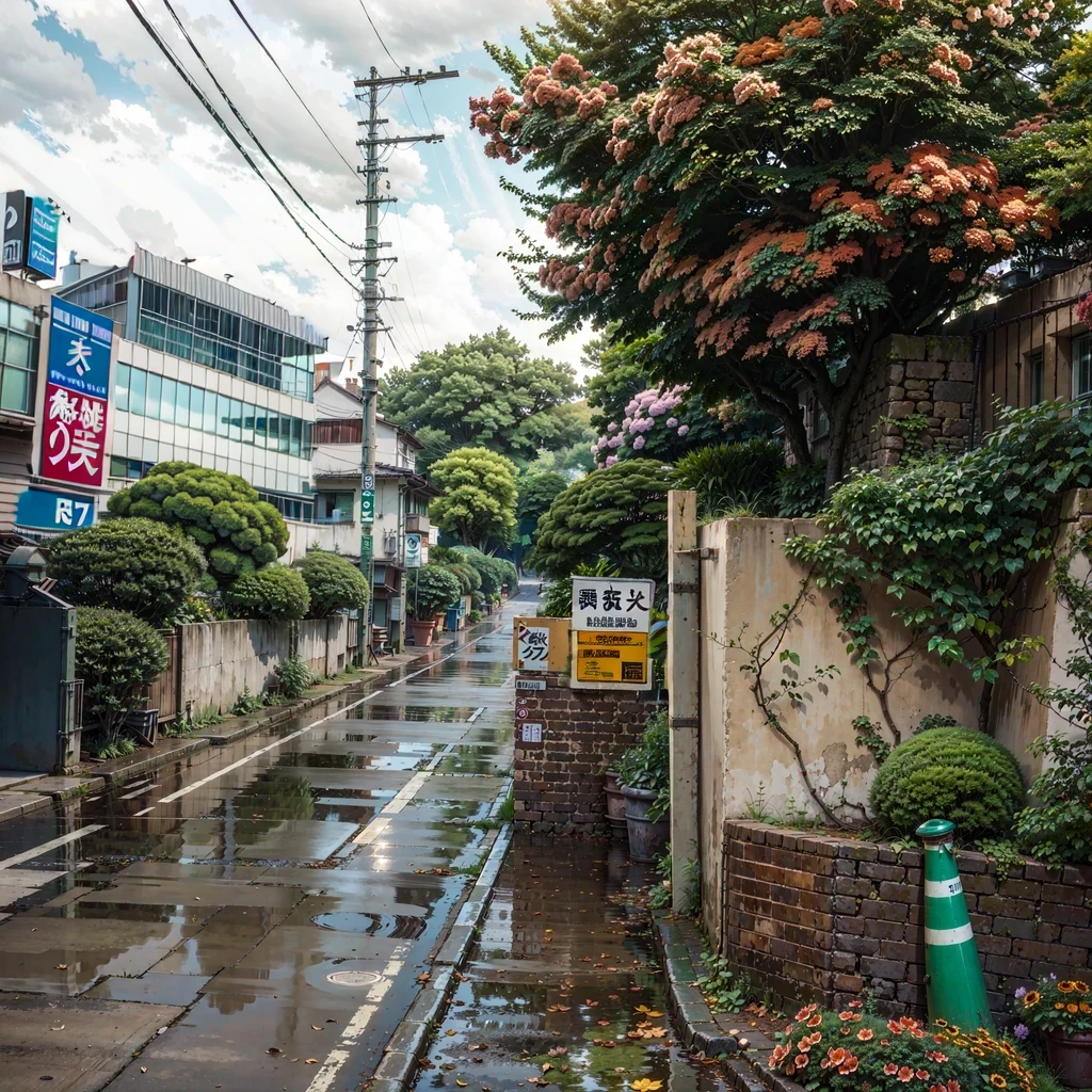 (modern) japanese building, big japanese ((sign on the wall)), japanese writing, anime character, advertisement for a movie