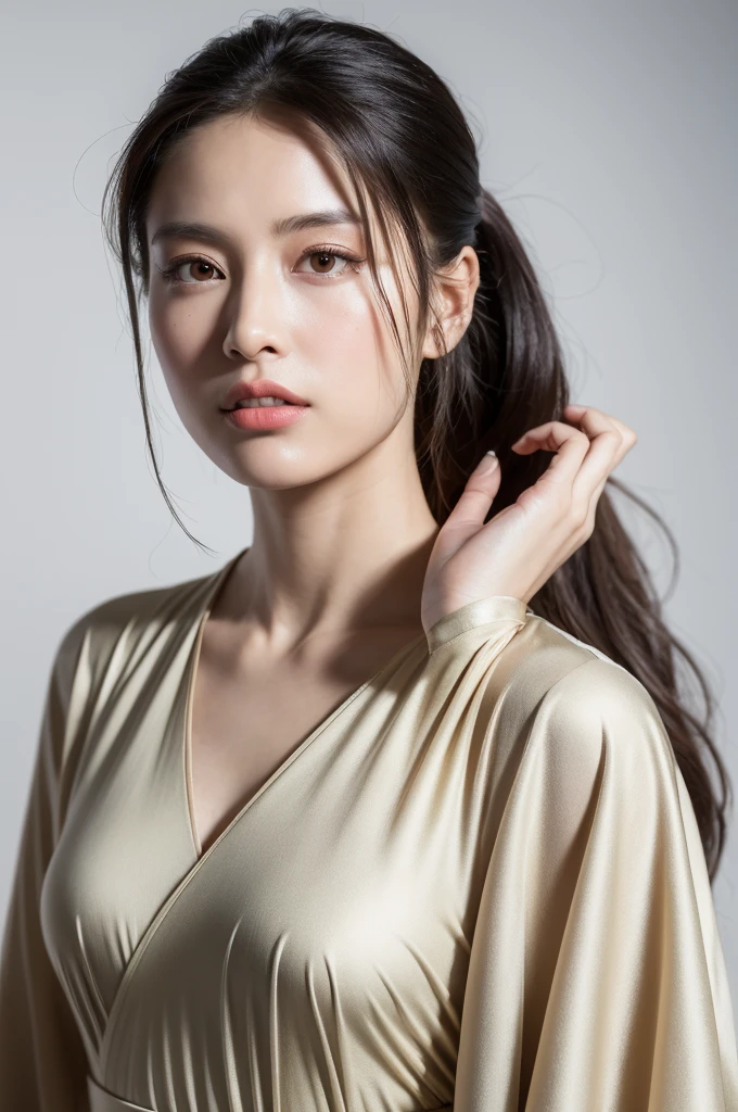 ( (8K:1.27), Highest quality, masterpiece, Ultra-high resolution:1.2) Beautiful Chinese women photos (beauty:1.1) (Hanfu:1.21) Greg Rutkowski and Alphonse Mucha Design Exquisite Elegance, Fantasy, detailed, geometry, Gradient lighting, One girl, Delicate skin, Looking at the audience, Brown eyes, (High Ponytail: 1.2), (Mid-chest: 1.0), (middle breast wheel: 0.8), (Realistic:1.4), (Highest quality:1.0), (Ultra-high resolution:1.0), 8K, RAW Photos, (masterpiece:0.2), (Purelos Face_v1:0.5)