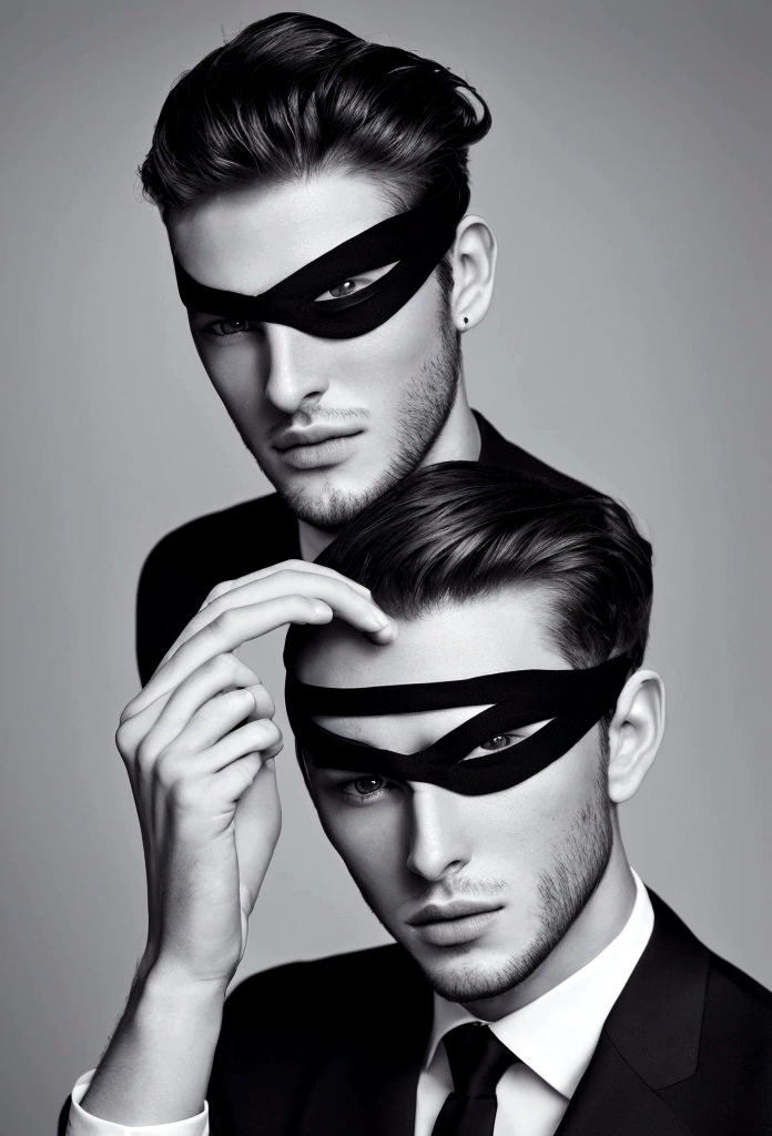 young handsome man with blindfold in a suit, light stubble, face centered in the lens, square jaw
