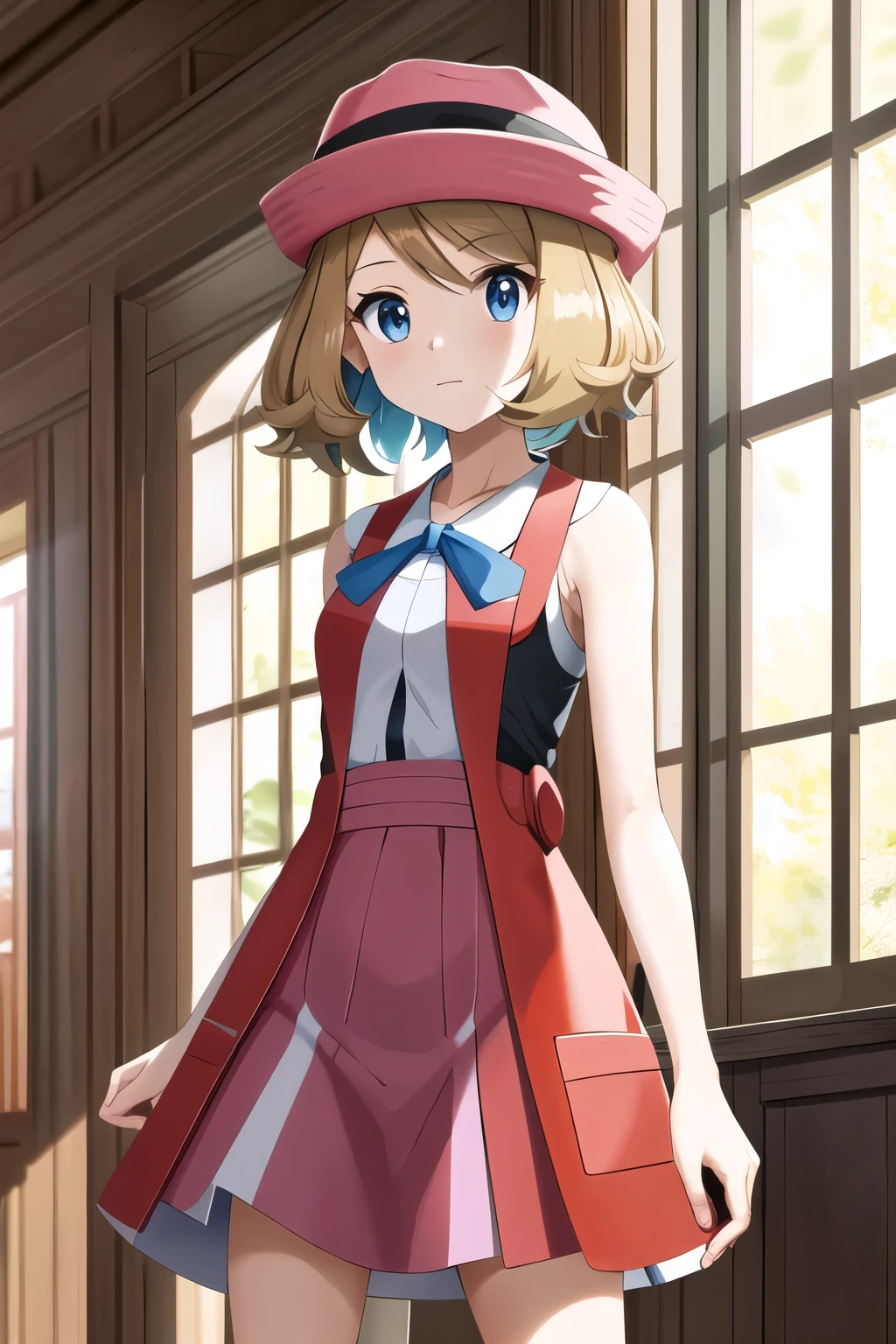 work of art, best qualityer, high resolution, serena \(Pokémon\), shorth hair, blue colored eyes, 1 girl, standing alone, ribbon blue, eyelash, black thighighs, neck ribbon, sleeveless, bangss, clavicle, pink hat, bare arms, pink dress, red tailcoat, cowboy shot, Inside the house