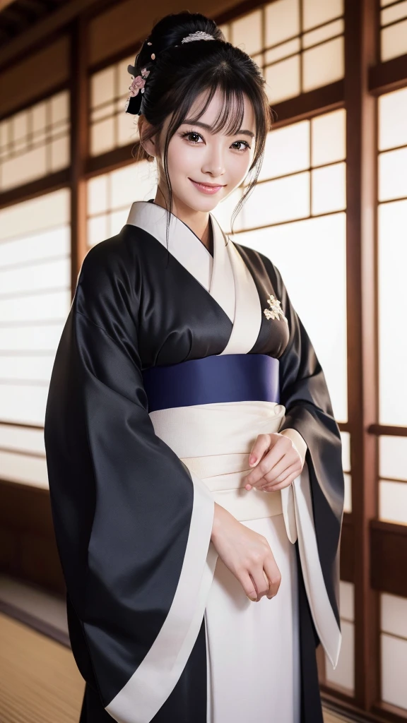 (Super beautiful woman in kimono)、((highest quality、8K masterpiece:1.3))、sharp focus:1.2、(super beautiful face:1.0)、(shiny skin:1.0)、realistic pictures、black hair、video lighting、High resolution eyes and face、video lighting、japanese actress、from the front、with a happy smile、whole body、wearing a kimono、in Kyoto、(luxury obi)、Brush your hair up with your fingers.