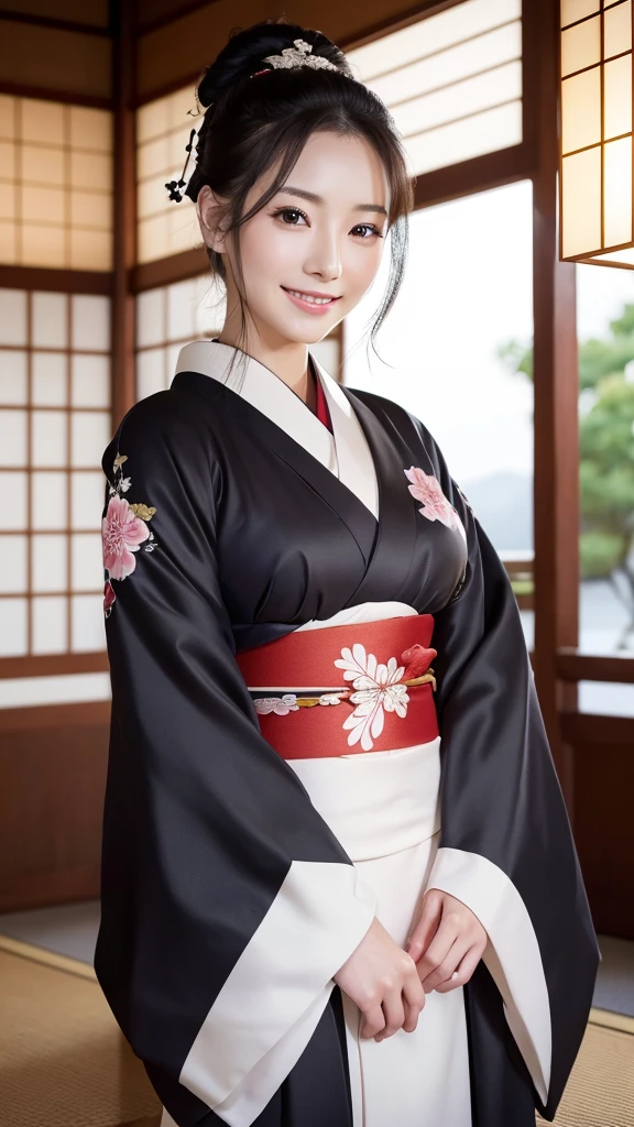 (Super beautiful woman in kimono)、((highest quality、8K masterpiece:1.3))、sharp focus:1.2、(super beautiful face:1.0)、(shiny skin:1.0)、realistic pictures、black hair、video lighting、High resolution eyes and face、video lighting、japanese actress、from the front、with a happy smile、whole body、wearing a kimono、in Kyoto、(luxury obi)、with a fan