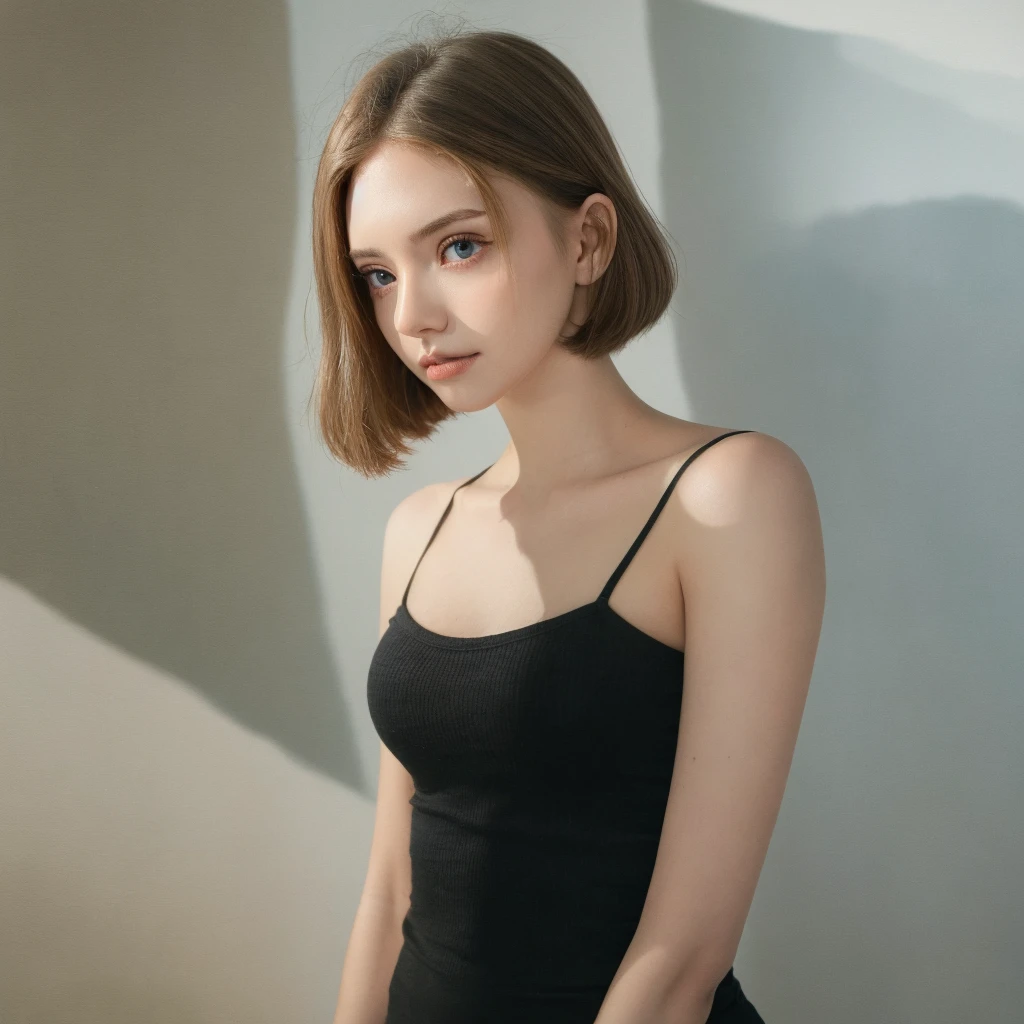 long straight hair, light brown eyes, hort, white skin,