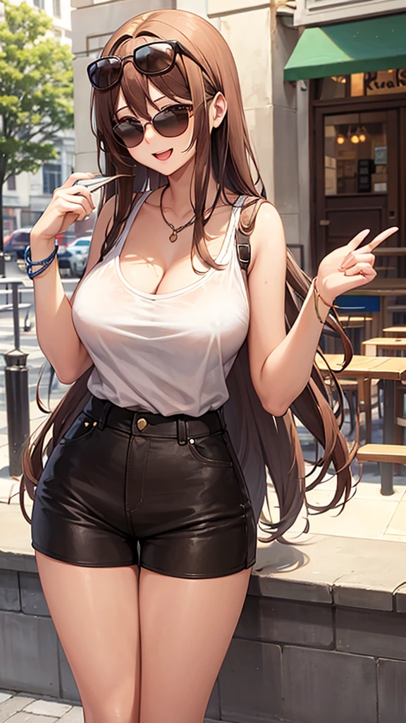 Brown Long Hair, Touching the chest, Short Pants, laughing, 20-year-old, Cafe, Big Breast, Sunglasses on head, City