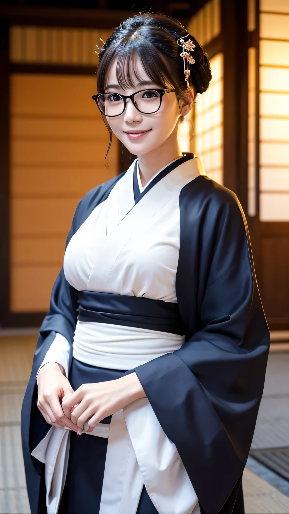 (Super beautiful woman in kimono)、((highest quality、8K masterpiece:1.3))、sharp focus:1.2、(super beautiful face:1.0)、(shiny skin:1.0)、realistic pictures、black hair、video lighting、High resolution eyes and face、video lighting、japanese actress、from the front、big breasts、with a happy smile、Slender abs beauty、whole body、wearing a kimono、in Kyoto、(((luxury obi)))、In Kyoto at night、wearing glasses with no edge、with a fan