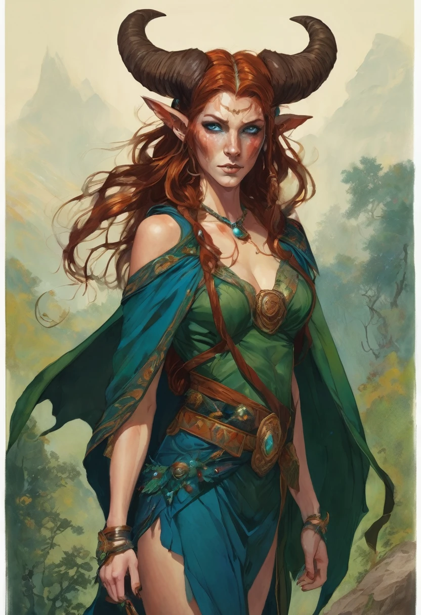 Satyr woman with horns, sorceress, an amazon, red unkempt shoulder length hair, in the clothes of a traveler, Blue eyes, slim, legs with hooves similar to the legs of a demon and with hair, There are birthmarks on the shoulders of a dark green cape, decorations made of bones on the neck and ears
