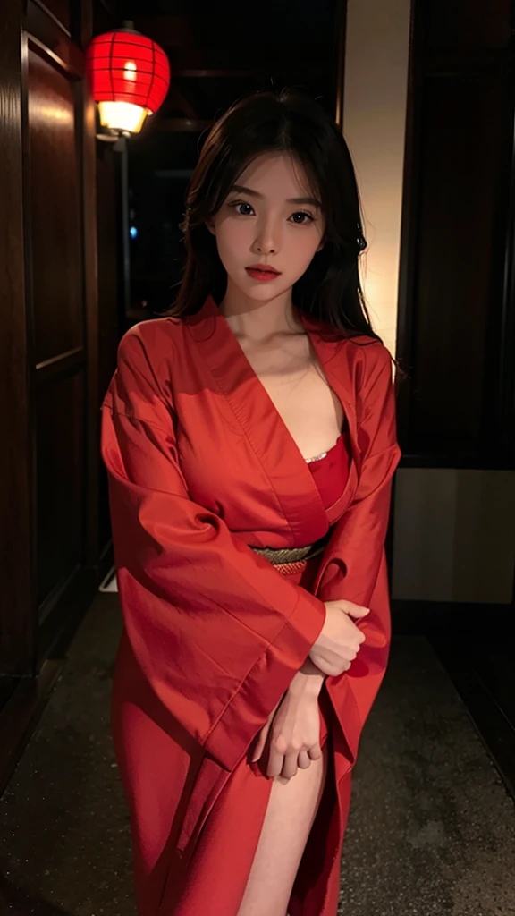 one girl,Beutiful women, In a corner of Kyoto,At night,Wear a red kimono,Large Breasts