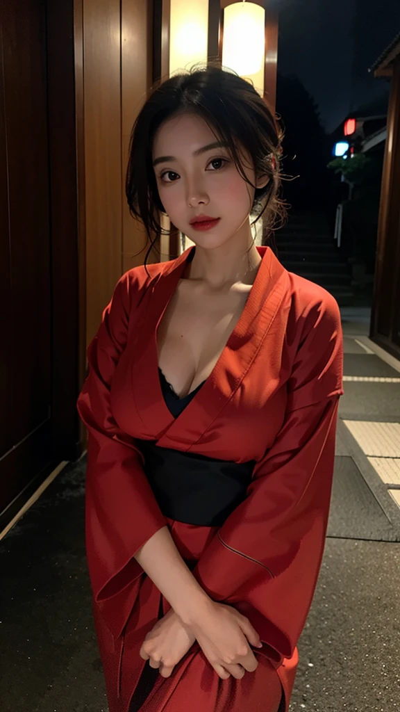 one girl,Beutiful women, In a corner of Kyoto,At night,Wear a red kimono,Large Breasts