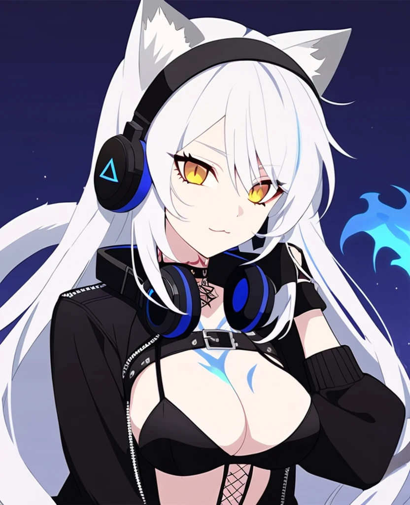 Make me a VTuber design. A girl with a mature body. Long white hair that has blue fire on the tips of them. Cat ears with blue fire in themiddle of them. A cat tail with blue fire at the end. Yellow eyes with black scleras, scars on her body. A goth/rockstar like outfit with headphones around her neck. Fire tattoos