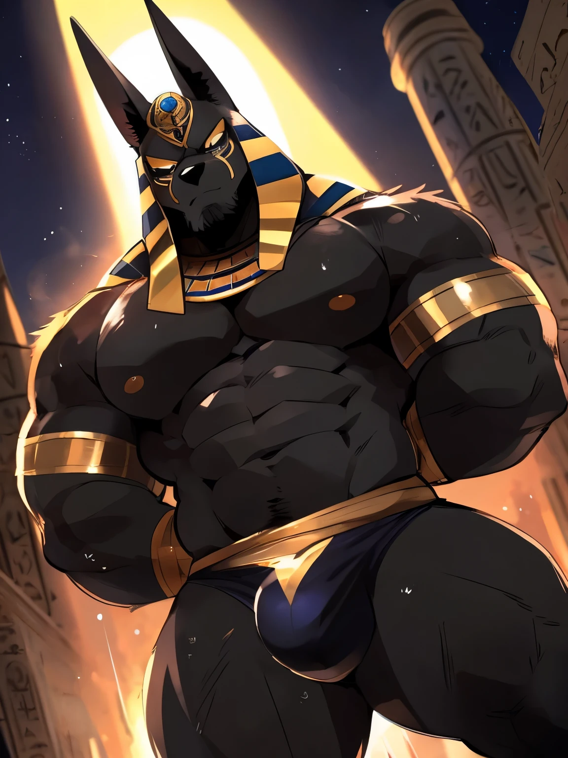 Muscular, male, furry, fluffy, Covered scars, bare chest, hot, wet, abs, wide body, egyptian jewelry, egyptian armor, Looking at viewers, thick beard , (bara pecs: 1.1), anthro jackal, anubis mask, black body, black furr chest, wide body, big chest , arms behind back in salute, thick thighs, dark underwear, (bulge: 1.1), barely visible genitals, detailed genitals outline , intimidating expression, gold nipples ring, dark dramatic lighting, night time, low angle, dutch angle, by hyaku , by darkgem