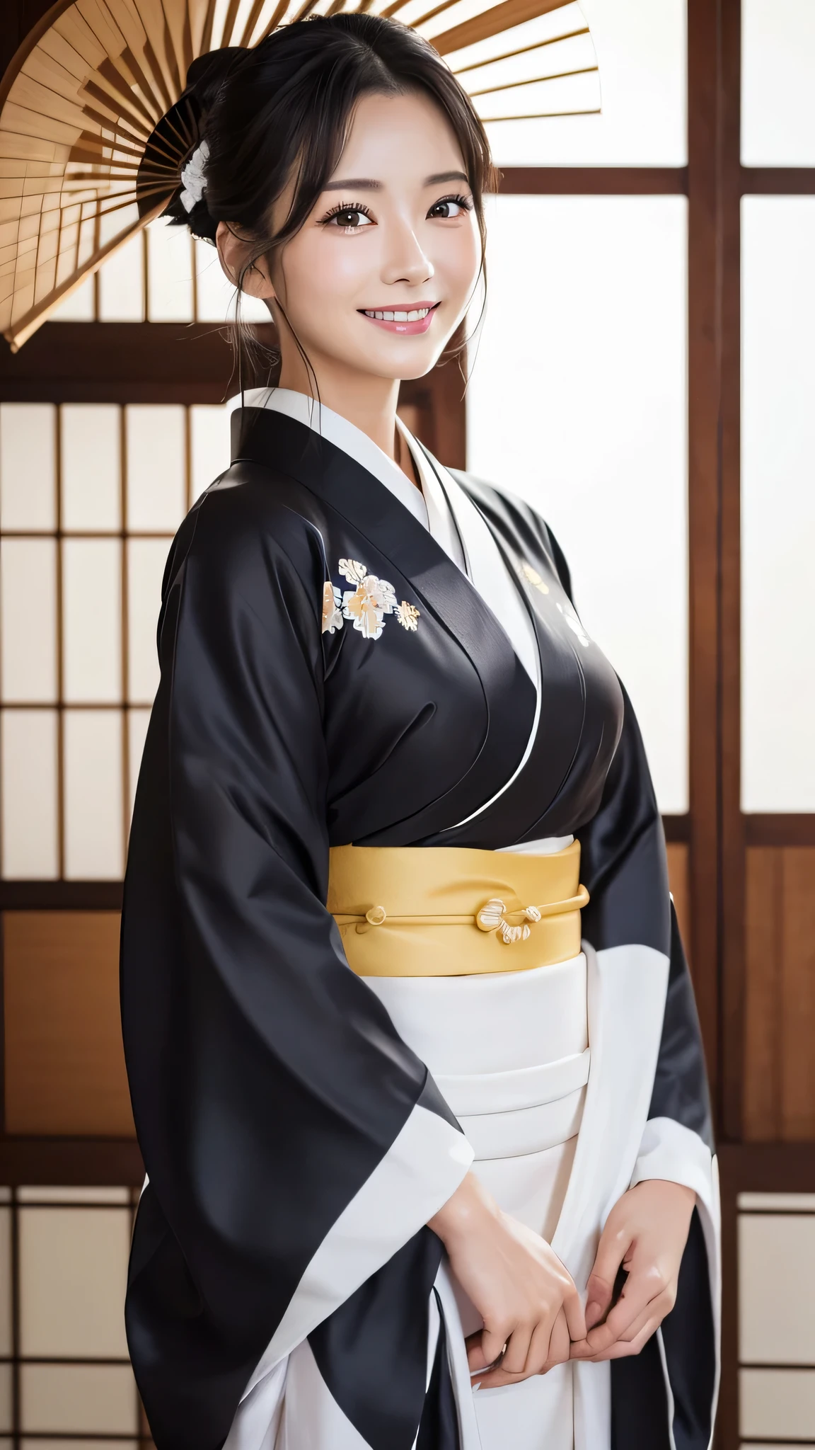 (Super beautiful woman in kimono)、((highest quality、8K masterpiece:1.3))、sharp focus:1.2、(super beautiful face:1.0)、(shiny skin:1.0)、realistic pictures、black hair、video lighting、High resolution eyes and face、video lighting、japanese actress、from the front、with a happy smile、whole body、wearing a kimono、in Kyoto、(luxury obi)、with a fan