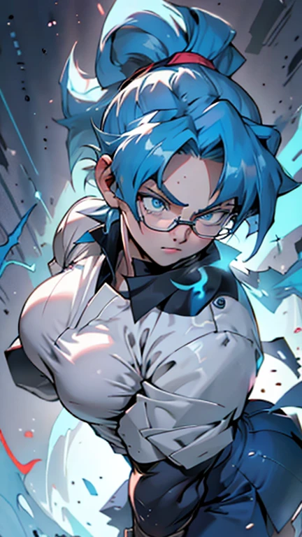 Anime, 1 girl, solo, super saiyan, very large ponytail, bright-cyan colored hair, blue eyes, round glasses, medium strong body, medium bust, military's uniform