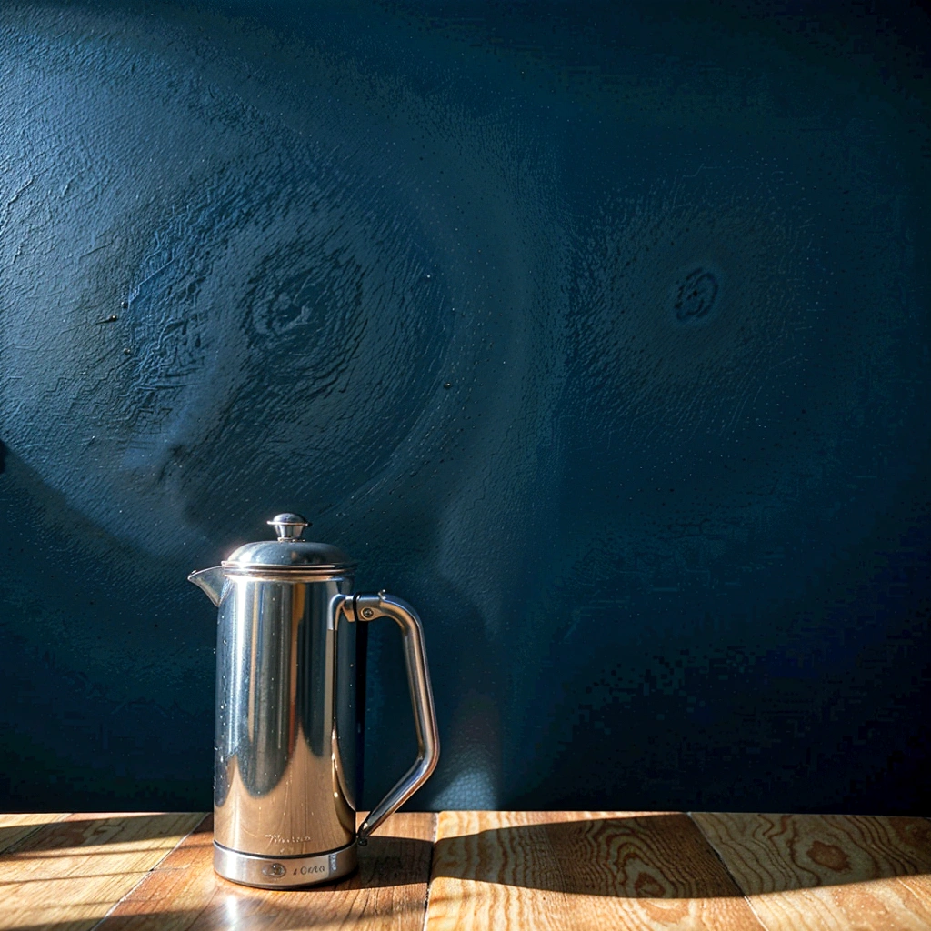 Coffee pot in the foreground, coffee cupArtwork, best qualityer, soft lighting, high qualiy, hyper detail, renderiza 8k, super high resolution, macro photography, Day Light, technology office online meeting room, navy blue wall in the background.