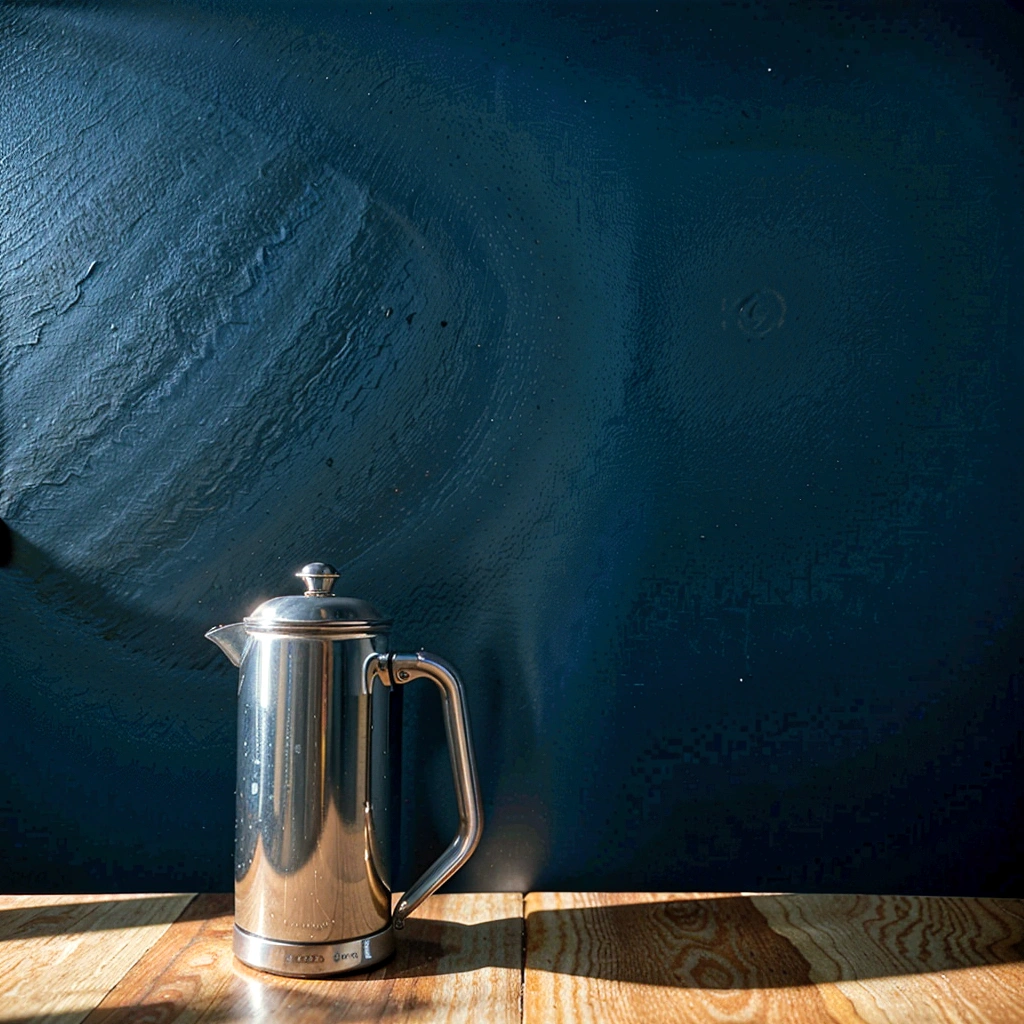 Coffee pot in the foreground, coffee cupArtwork, best qualityer, soft lighting, high qualiy, hyper detail, renderiza 8k, super high resolution, macro photography, Day Light, technology office online meeting room, navy blue wall in the background.