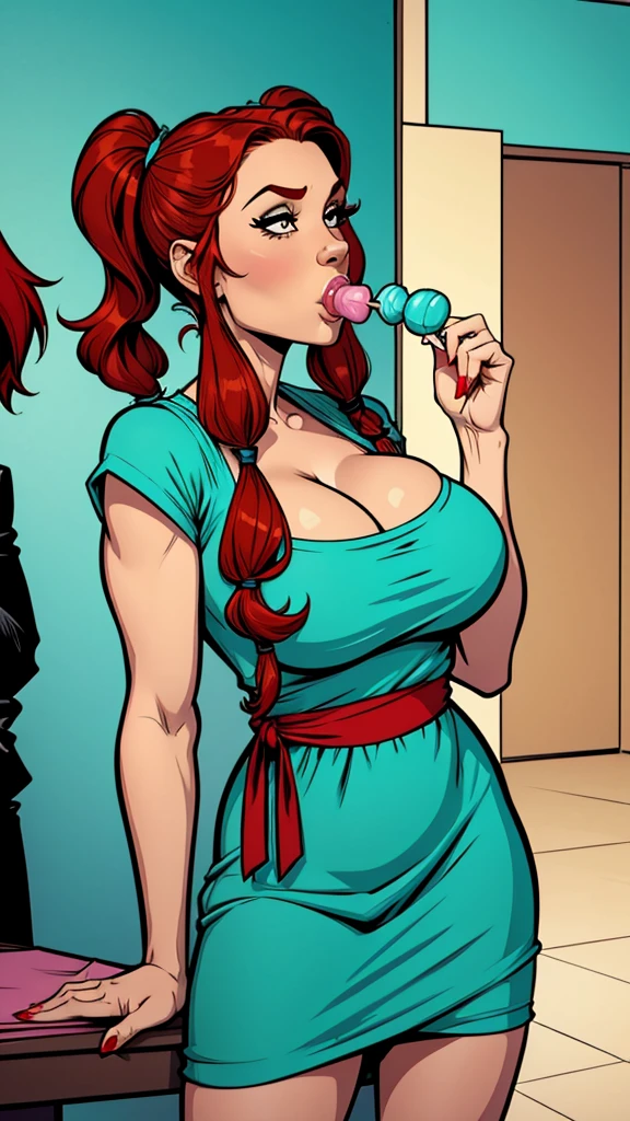 Woman brunette,red hair and pigtails,elegant turquoise dress. sucking a lollypop,attractive,busty. Comic style