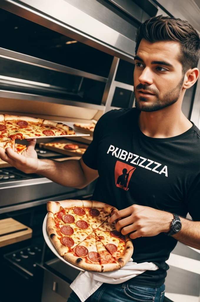 Show me a guy eating pizza