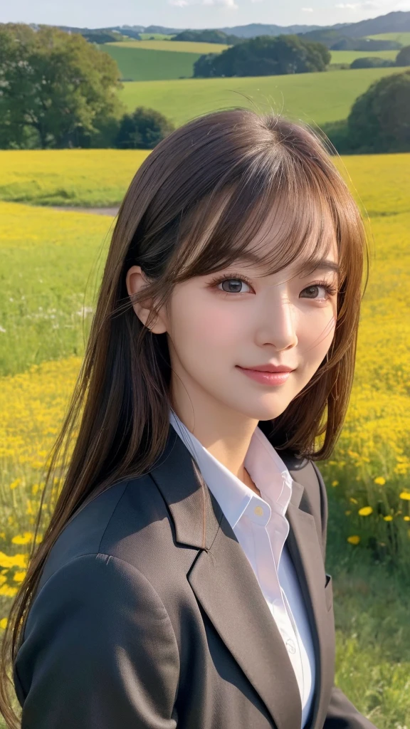 highest quality、genuine、Super detailed、finely、High resolution、8k wallpaper、one beautiful woman、、、light brown disheveled hair、wearing a business suit、sharp focus、perfect dynamic composition、beautiful and detailed eyes、thin hair、Detailed genuine skin texture、smile、model body shape、In a windswept meadow