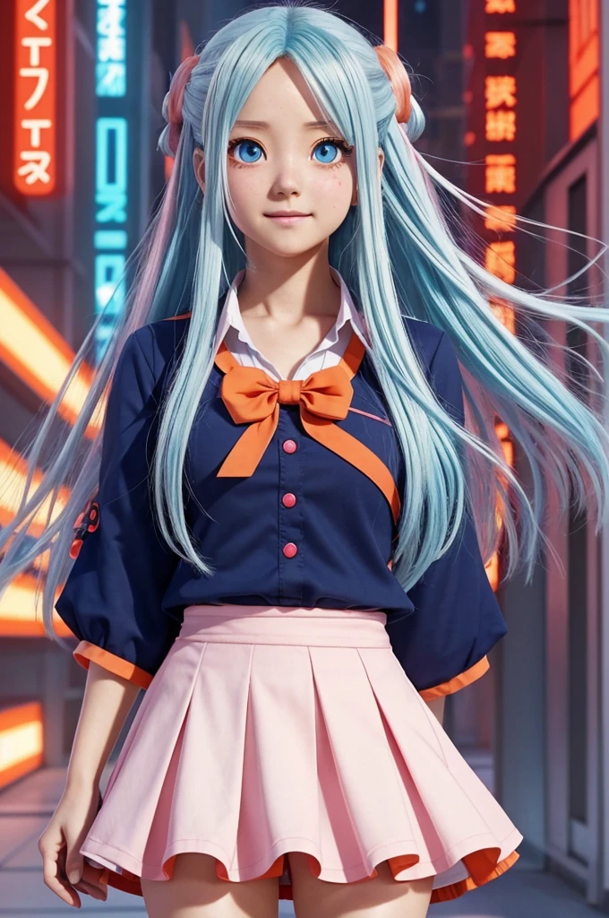 Screenshot of boku no hiro academia, super pretty woman, long white hair with blue highlights, slanted eyes, red and pink eye color, blushing expression, clothing short skirt and top, orange clothes, looking to the camera, Profile, Screenshot of boku no hiro academia.
