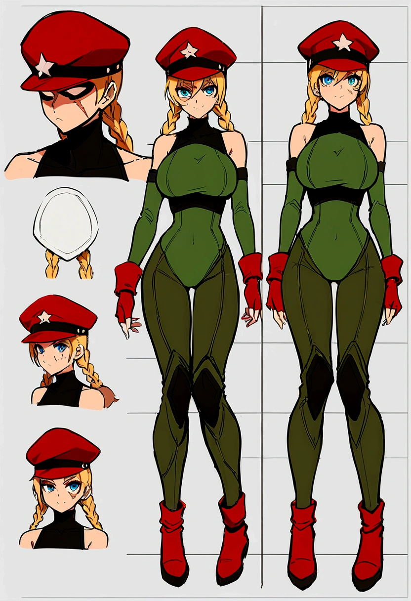 (Shadman art:1.2),((masterpiece)),(((best quality))),((character design sheet)), concept, poses, masterpiece, best quality, highres, 1girl, cammy white, twin braids, long hair, blonde hair, antenna hair, beret, military gear, (red headwear:1.3), blue eyes, scar on cheek, green leotard, large breasts, sleeveless, red gloves, fingerless gloves, camouflage, cowboy shot, standing, outdoors, arms at sides, straight-on, blank background ,chara-sheet
