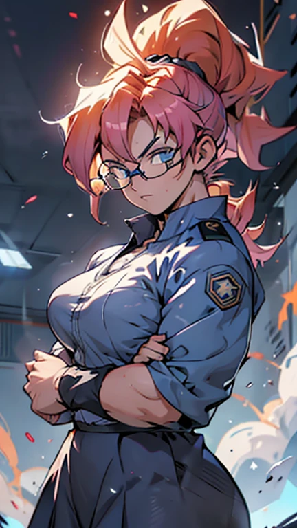 Anime, 1 girl, solo, super saiyan, very large ponytail, bright-cyan colored hair, blue eyes, round glasses, medium strong body, medium bust, military's uniform