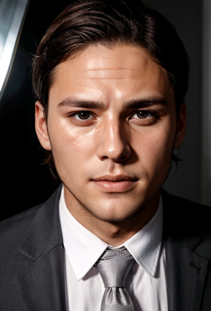young handsome man with blindfold in a suit, light stubble, face centered in the lens, square jaw