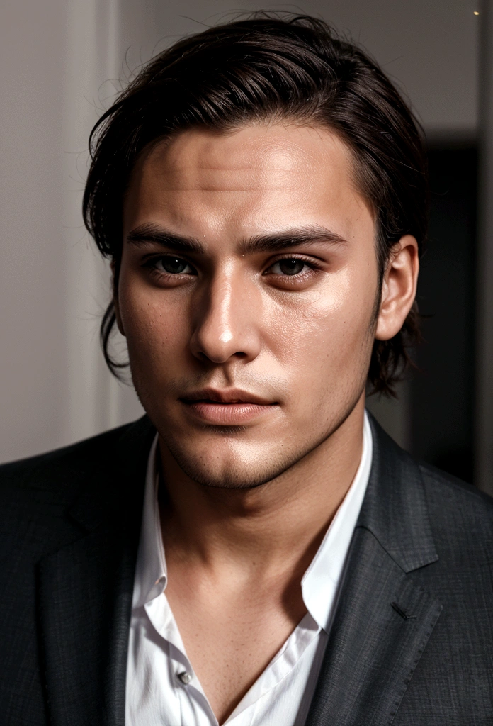 young handsome man with blindfold in a suit, light stubble, face centered in the lens, square jaw