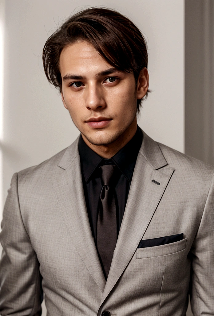young handsome man with blindfold in a suit, light stubble, face centered in the lens, square jaw