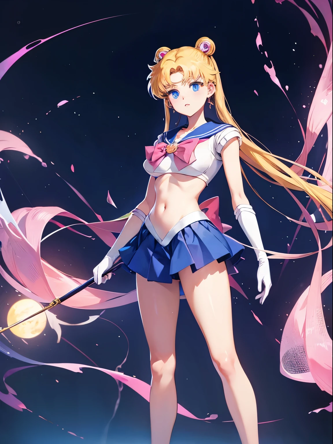 Sailor Moon, 1 girl, blonde hair, long hair, blue eyes, detailed eyes, simple background, female focus, alone, standing, Usagi Tsukino, portrait, full body, (Masterpiece:1.0), (best quality:1.0), (wallpaper 8k:1.0), (beautiful face detailed:1.0), (deep detailed eyes), deep eyes, looking at viewer, red bow on chest, pink bra, white gloves, big breasts, bare abdomen, pink panties ,