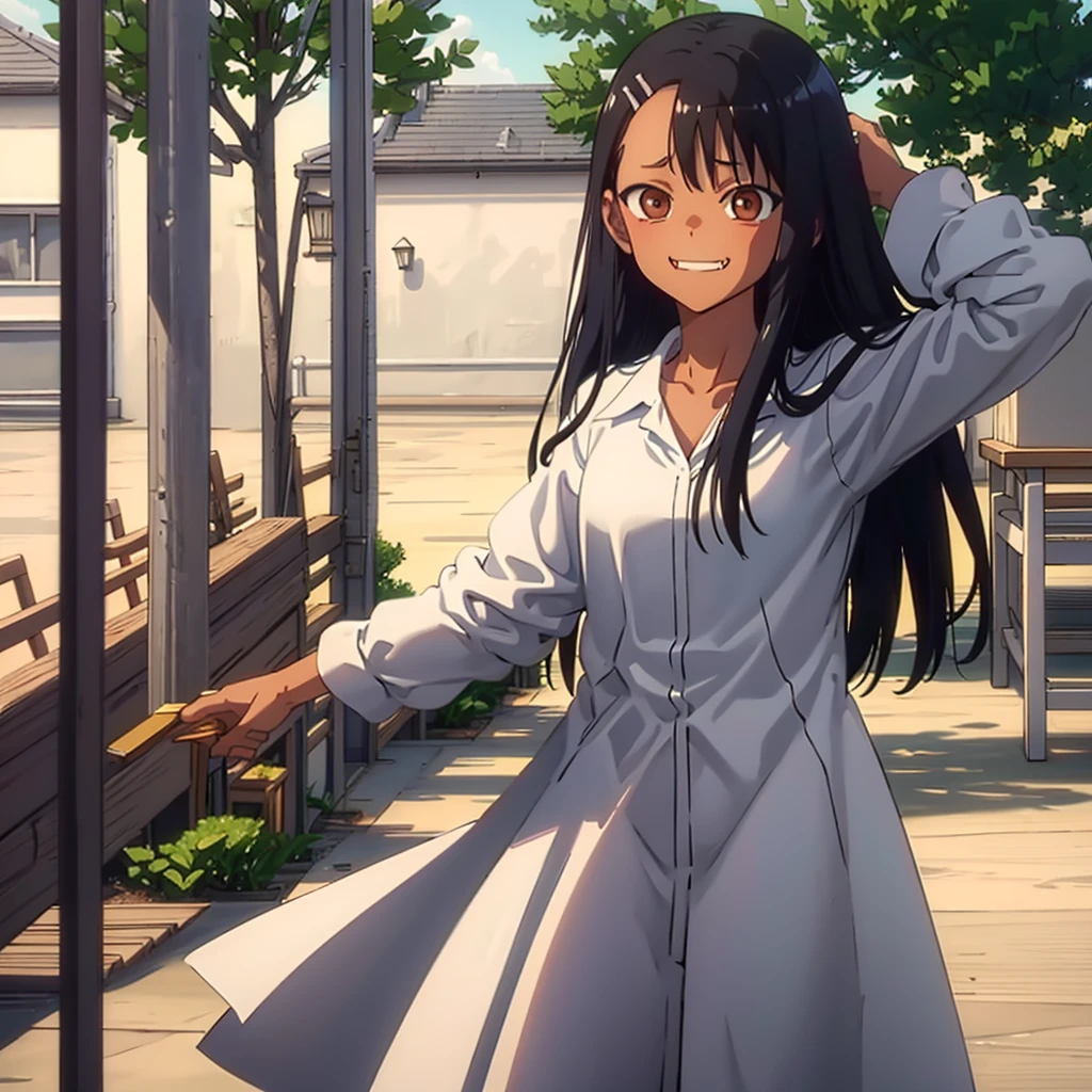 HDR, CG, sharp focus, (8k), (4k), masterpiece, best quality, sharp focus, extremely detailed, intricate, hyper detailed, nagatoro hayase, brown eyes, black hair, bangs, long hair, dark skin, hairclip, white shirt, blue skirt, no socks, uwabaki, standing, arms behind head, cowboy shot, looking at viewer, outdoors, evil grin