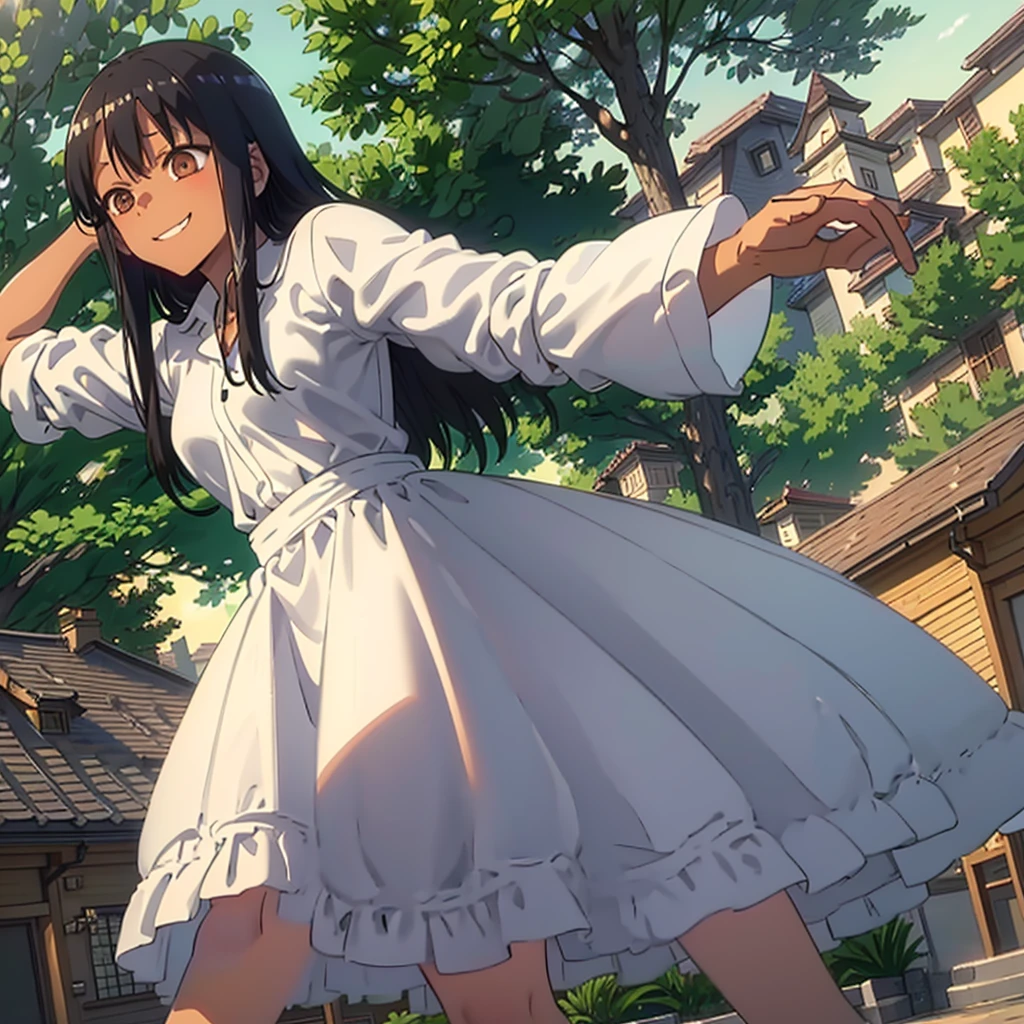 HDR, CG, sharp focus, (8k), (4k), masterpiece, best quality, sharp focus, extremely detailed, intricate, hyper detailed, nagatoro hayase, brown eyes, black hair, bangs, long hair, dark skin, hairclip, white shirt, blue skirt, no socks, uwabaki, standing, arms behind head, cowboy shot, looking at viewer, outdoors, evil grin