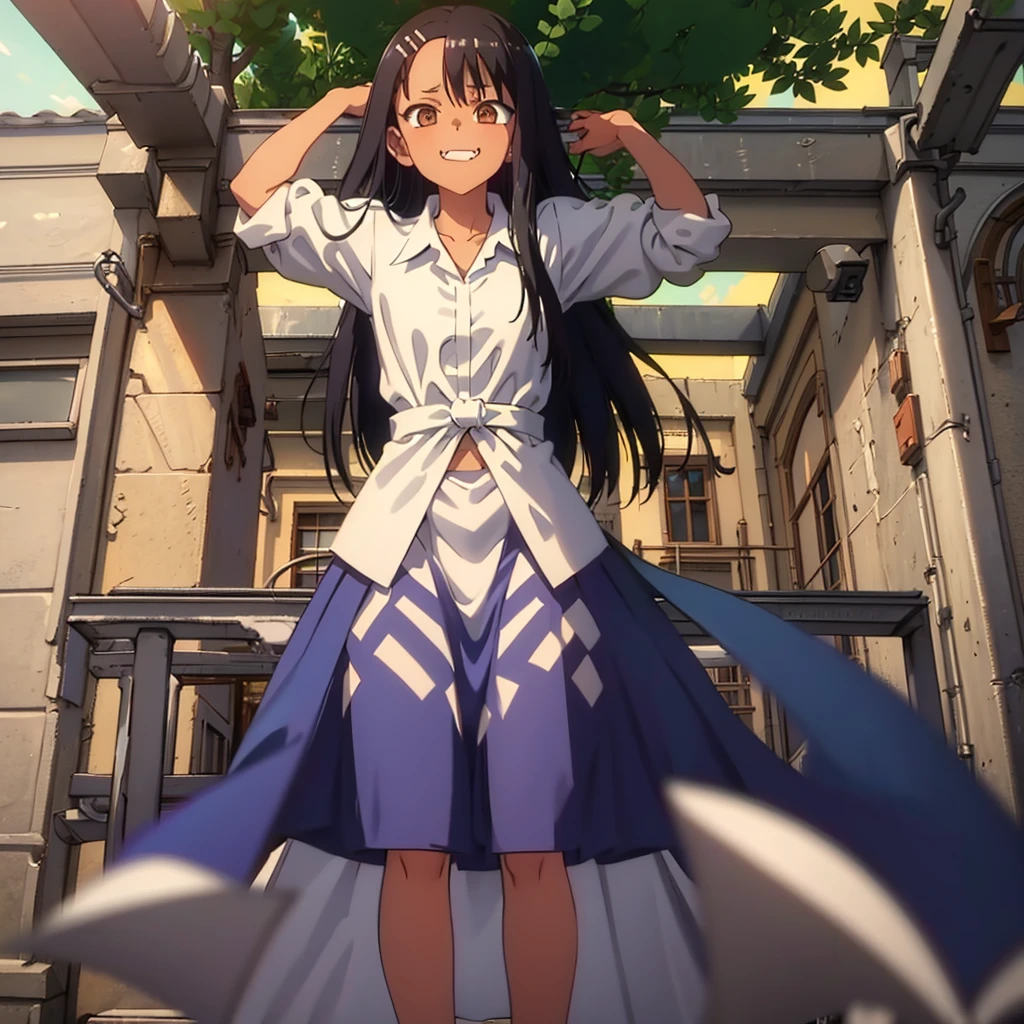 HDR, CG, sharp focus, (8k), (4k), masterpiece, best quality, sharp focus, extremely detailed, intricate, hyper detailed, nagatoro hayase, brown eyes, black hair, bangs, long hair, dark skin, hairclip, white shirt, blue skirt, no socks, uwabaki, standing, arms behind head, cowboy shot, looking at viewer, outdoors, evil grin