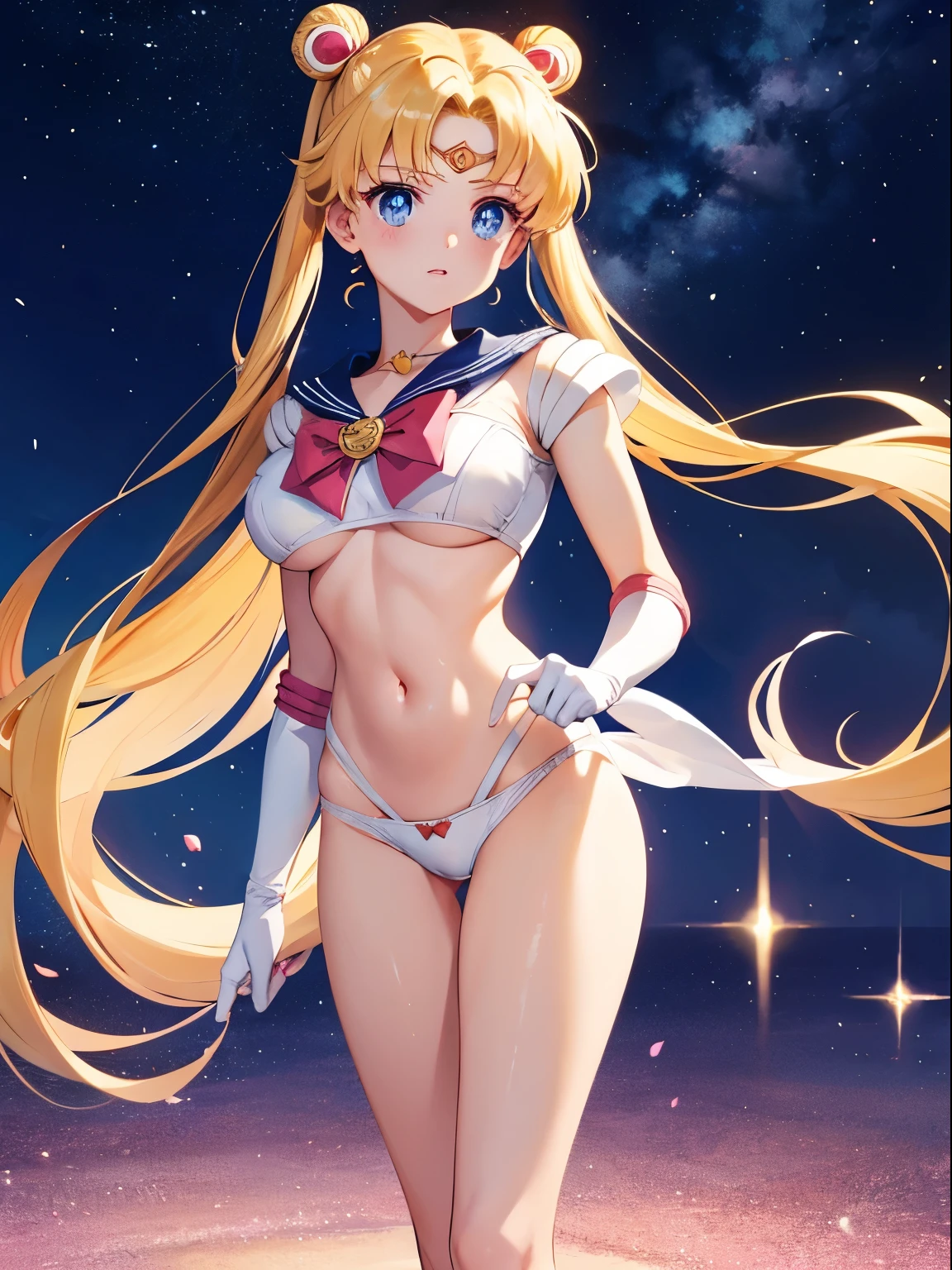 Sailor Moon, 1 girl, blonde hair, long hair, blue eyes, detailed eyes, simple background, female focus, alone, standing, Usagi Tsukino, portrait, full body, (Masterpiece:1.0), (best quality:1.0), (wallpaper 8k:1.0), (beautiful face detailed:1.0), (deep detailed eyes), deep eyes, looking at viewer, red bow on chest, pink bra, white gloves, big breasts, bare abdomen, pink panties ,
