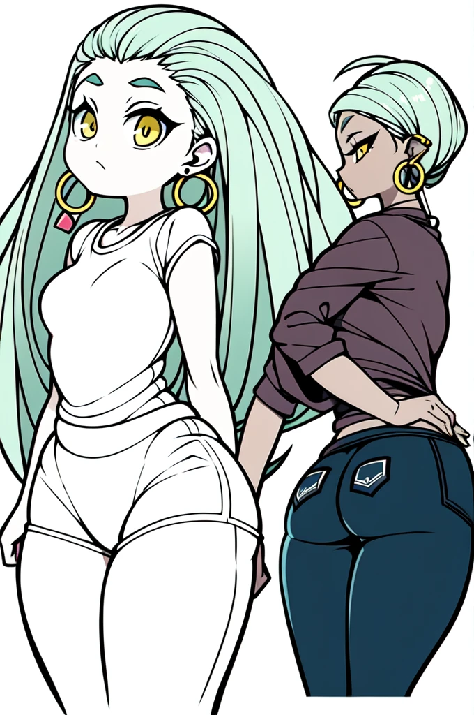 Beautiful anime-style girl, long green hair slightly curly, dark skin, yellow eyes, black pants, wide plain white shirt with no print, hoop earrings, eyebrow piercing, small breasts, wide hips, thick thighs, big ass