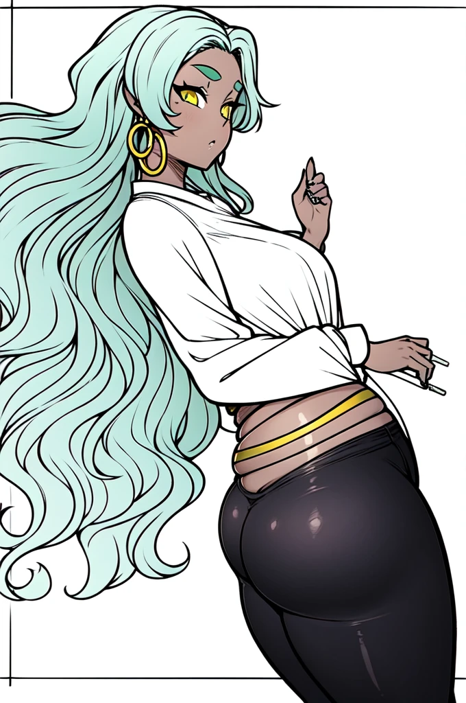 Beautiful anime-style girl, long green hair slightly curly, dark skin, yellow eyes, black pants, wide plain white shirt with no print, hoop earrings, eyebrow piercing, small breasts, wide hips, thick thighs, big ass