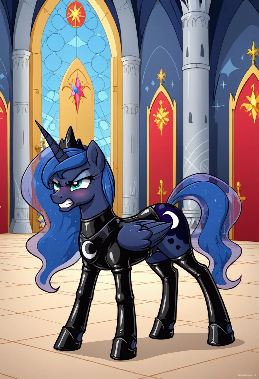 Pony Prince Luna angry Black LaTeX costiumme in the castle Black. Submissive 