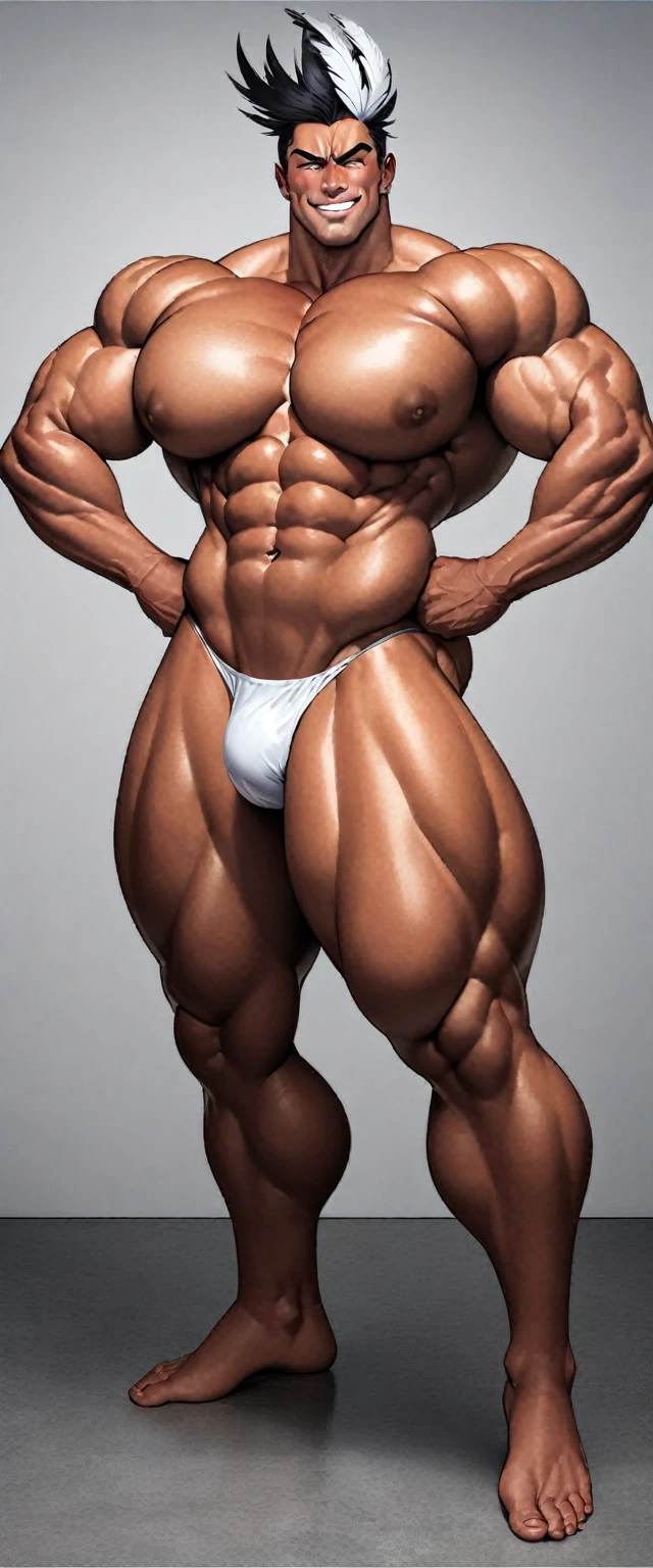 (best quality, high resolution, Artwork:1.2), standing, posing, smiling, Horny, Latin Beauty, (((Huge male bodybuilder:1.15))), huge muscular ass, (wide hips), (Slim waist) , (((Broad shoulders))), ((((huge breasts)))), nervous, (black hair), feather crown carnival, shaved hair, black hair, full body, Glossy skin, tanned skin, hands on the hips, vibrant, wearing nervous carnival attire, sensual manga line art manga panels