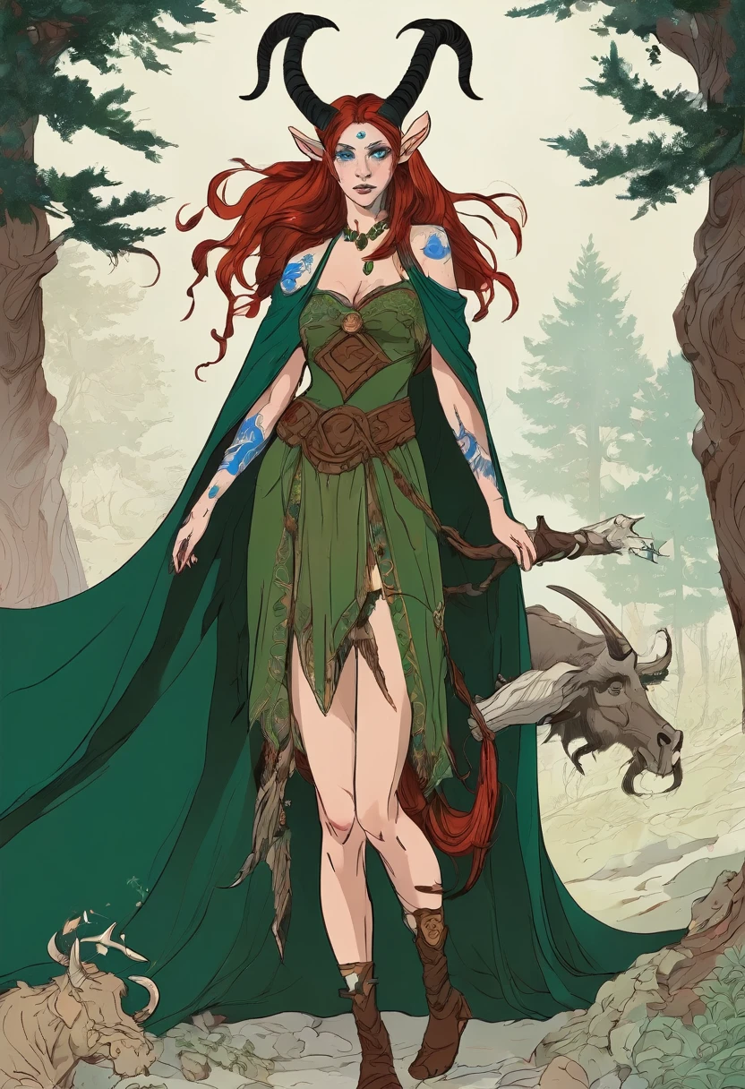 Satyr woman with horns, sorceress, an amazon, red unkempt shoulder length hair, in the clothes of a traveler, Blue eyes, legs with hooves similar to the legs of a demon and with hair, There are birthmarks on the shoulders of a dark green cape, decorations made of bones on the neck and ears