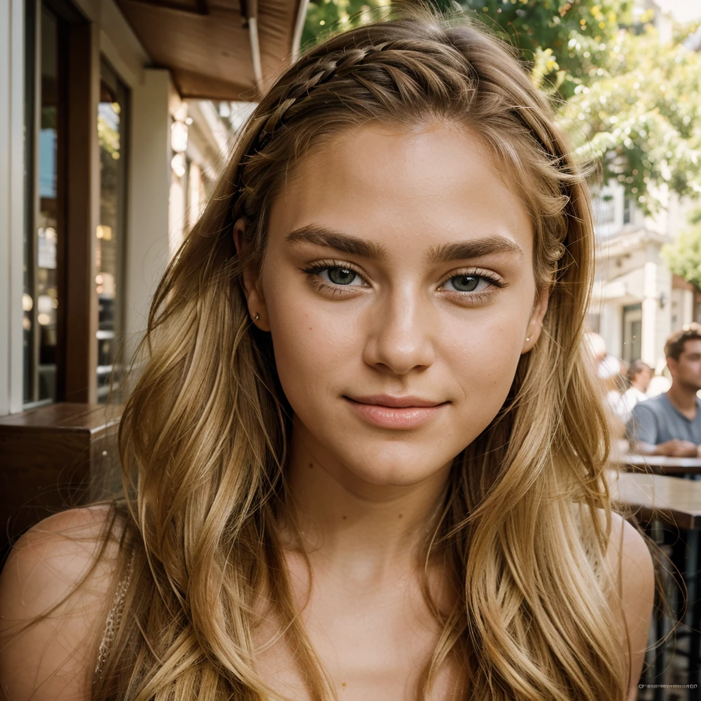 (best qualityer,realisitic),girly face,20 years old blonde hair, quadruple braids, golden and wavy, moderately thick eyebrows, Sharp chin, tiny nose, heart shaped face, smooth and silky skin, fast luminosa, award-winning glamor photography,((best qualityer)), ((work of art)), ((realisitic)), piercing eyes, looking straight, very happy, in a cafe sitting outdoors, afternoon light, portraite 